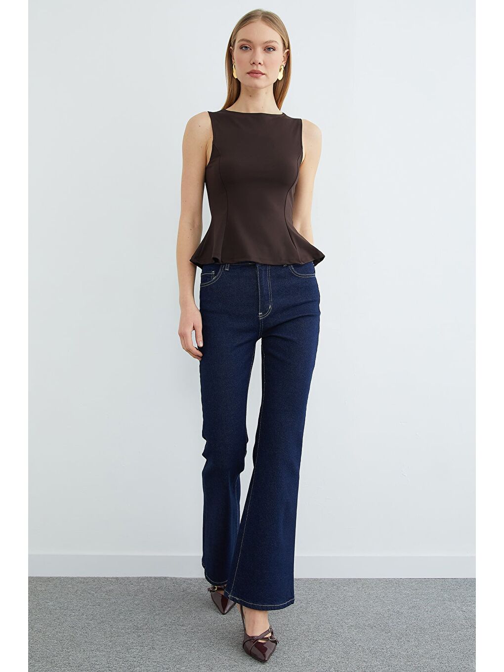 Kahverengi Bisiklet Yaka Peplum Bluz-2