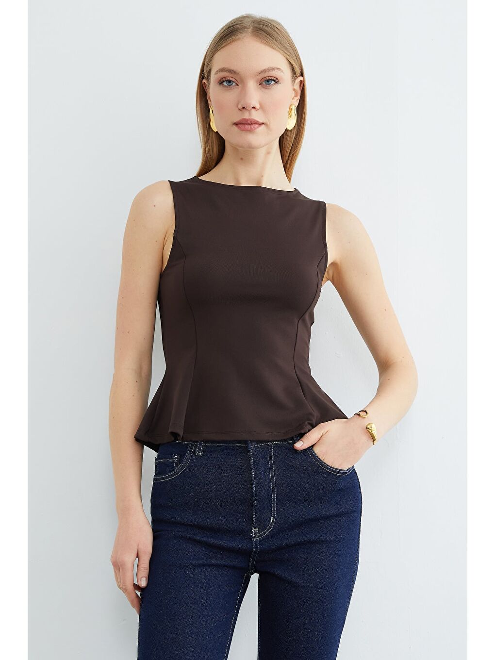 Kahverengi Bisiklet Yaka Peplum Bluz-3