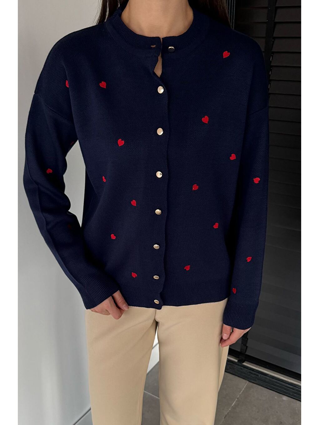 Lacivert Kadın Kalp Nakışlı Triko Hırka (s-m-l Uyumludur)-1