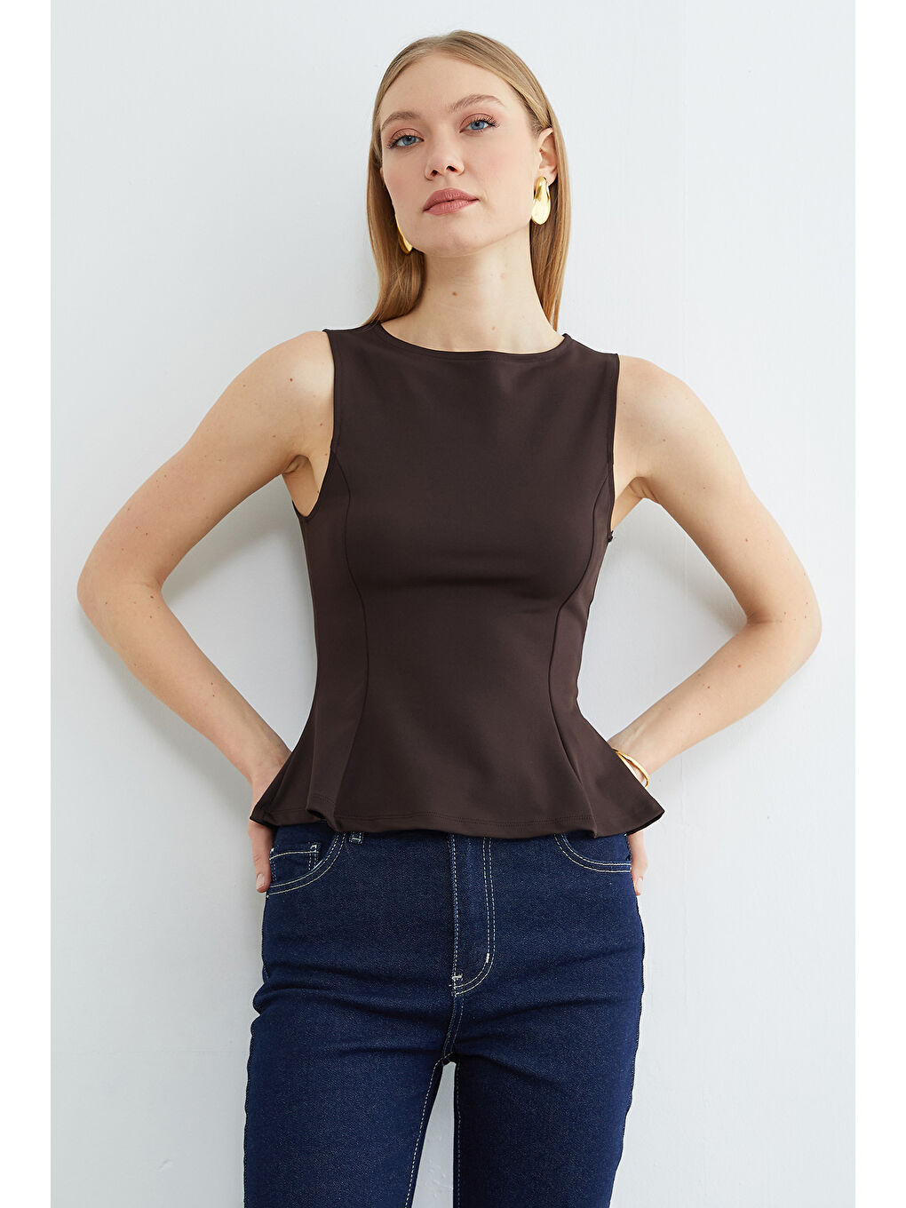 Kahverengi Bisiklet Yaka Peplum Bluz-4