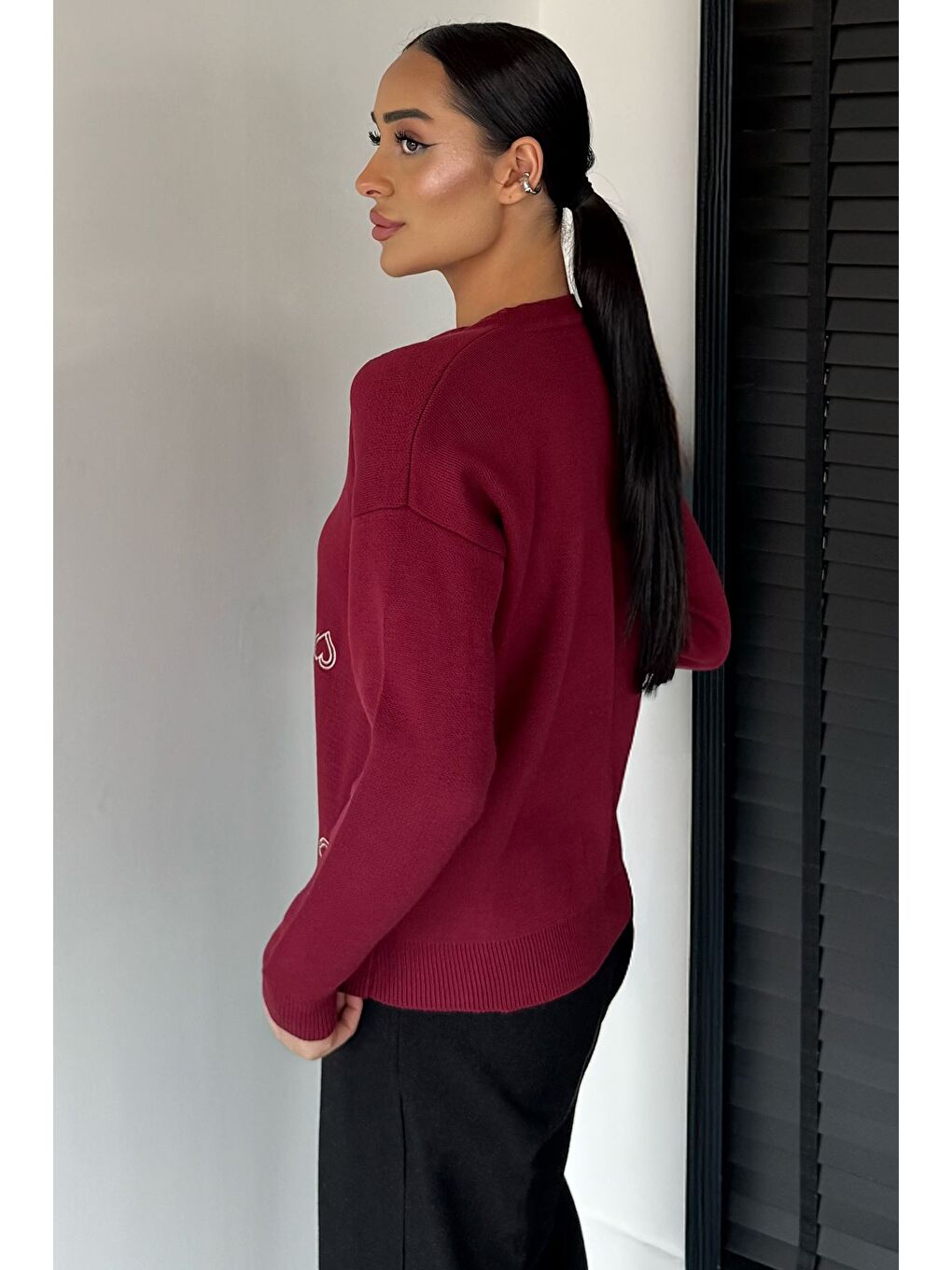 Bordo Kalp Nakışlı Kadın Triko Hırka (s-m-l Uyumludur)-3