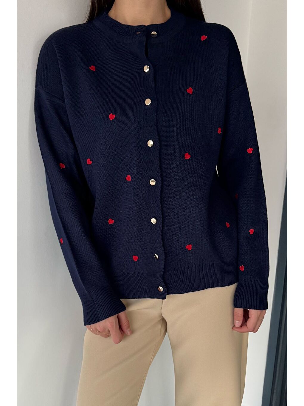 Lacivert Kadın Kalp Nakışlı Triko Hırka (s-m-l Uyumludur)-2
