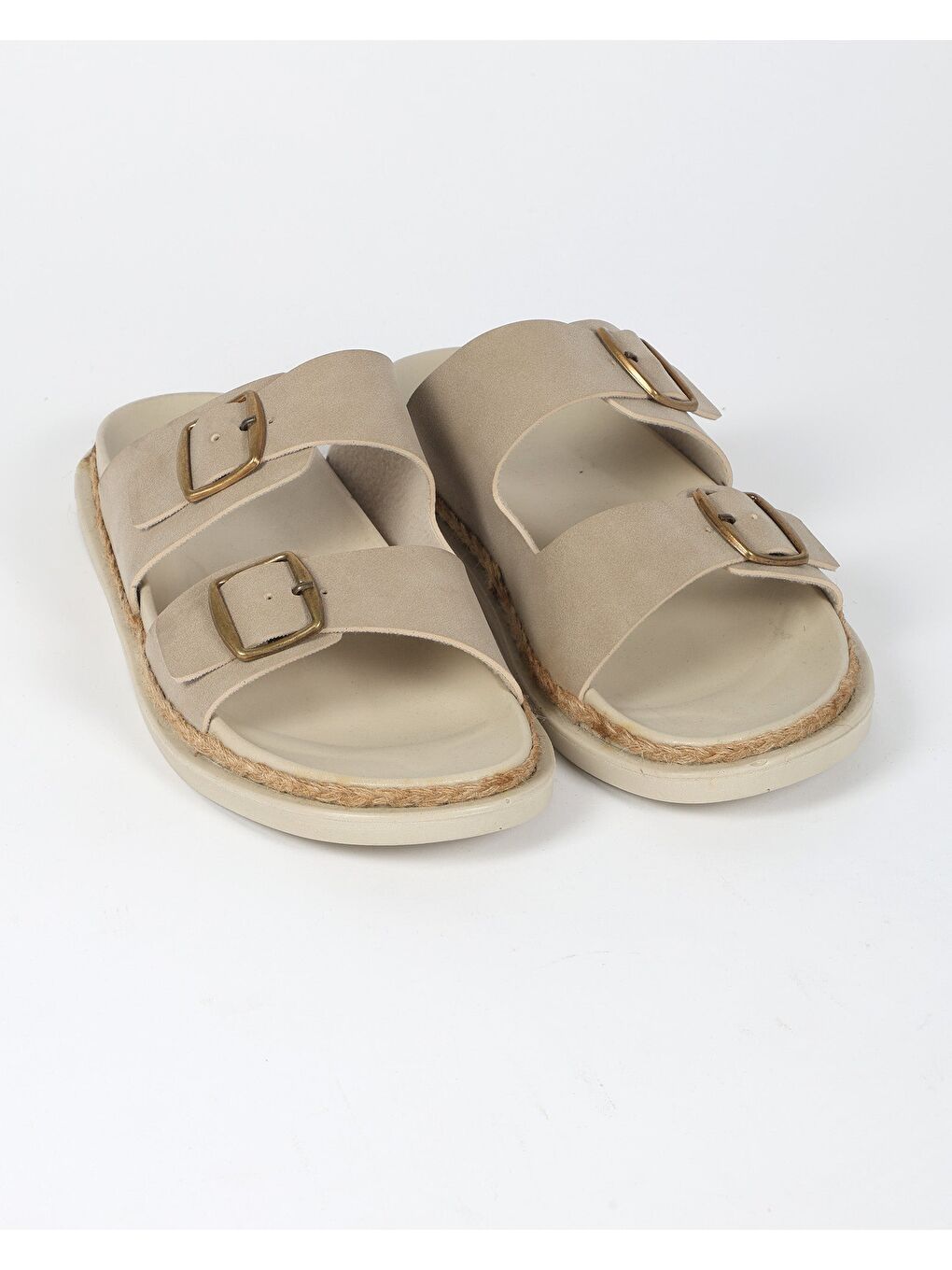 Bej Erkek Yazlık Çift Tokalı Hasır Detaylı Terlik - LUCA-1