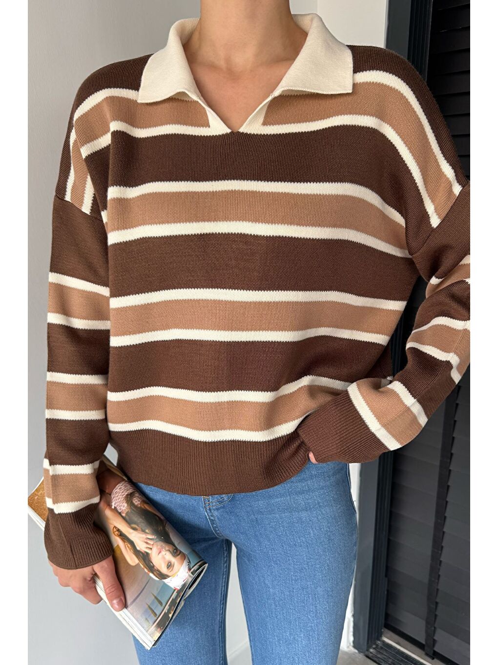 Kahverengi Kadın Çizgili Triko Kazak