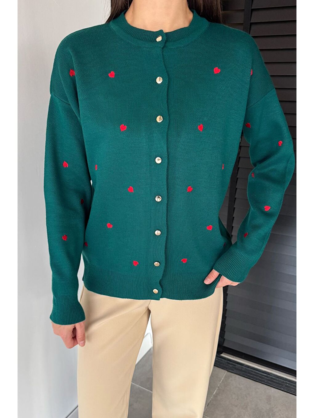 Yeşil Kadın Kalp Nakışlı Triko Hırka (s-m-l Uyumludur)-1