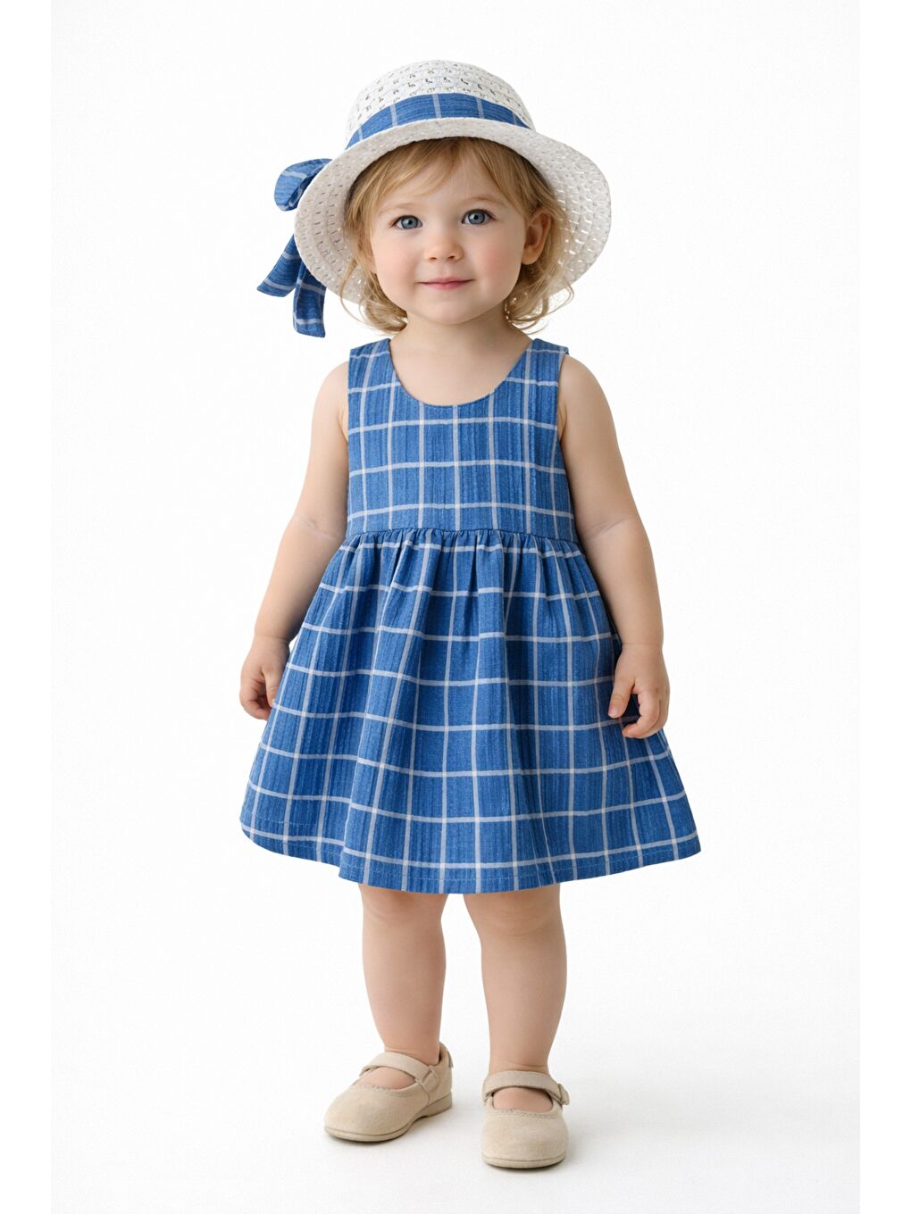 Lacivert Tatlı Kız Bebek Ekose Tarz Elbise Şapkalı Fiyonk Detaylı Yazlık 2’li Kombin
