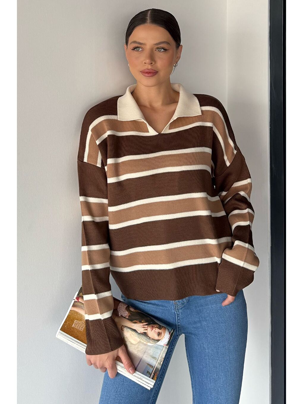 Kahverengi Kadın Çizgili Triko Kazak-1