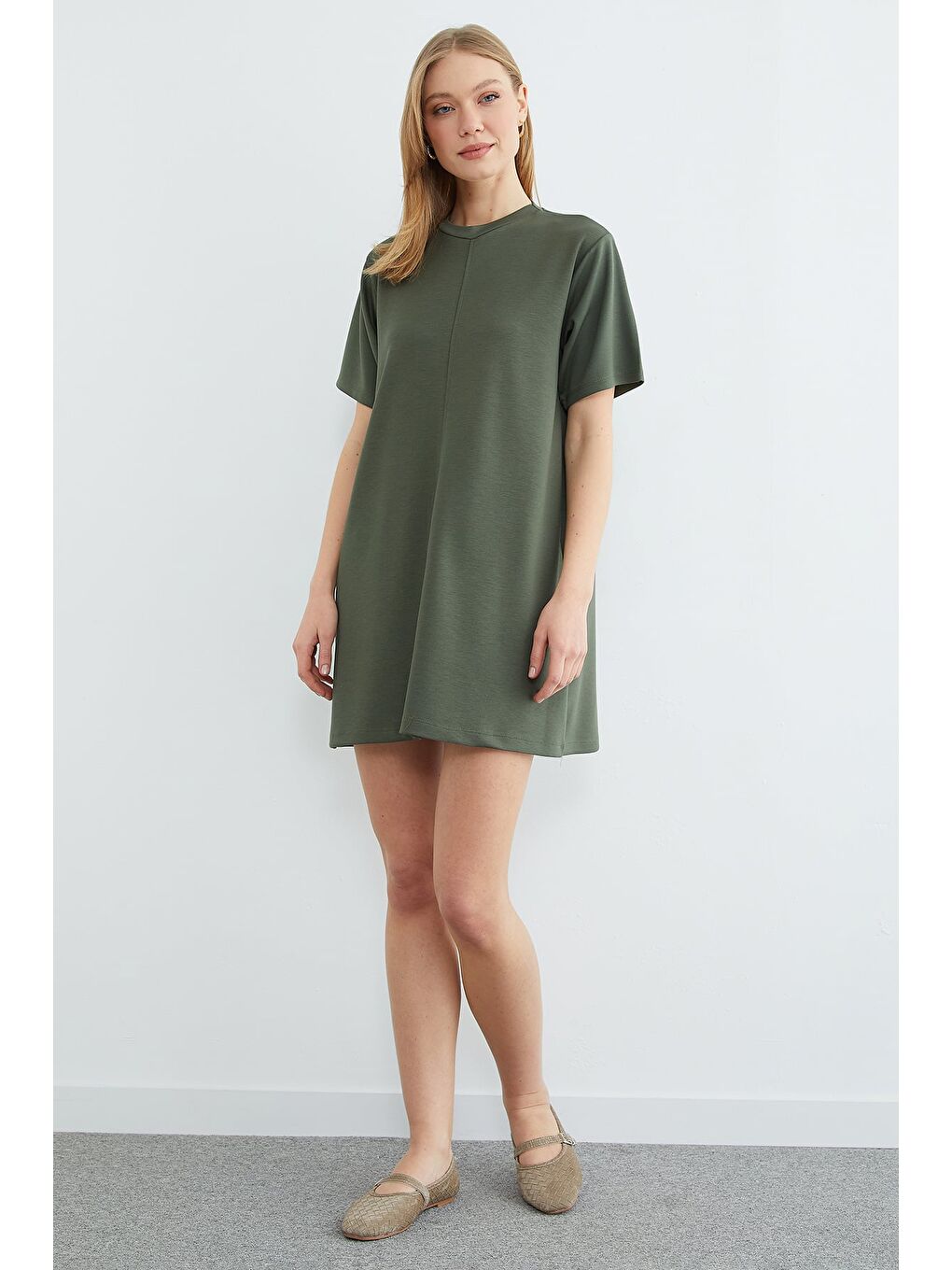 Haki Basic Çimalı Mini Boy Modal Elbise-3