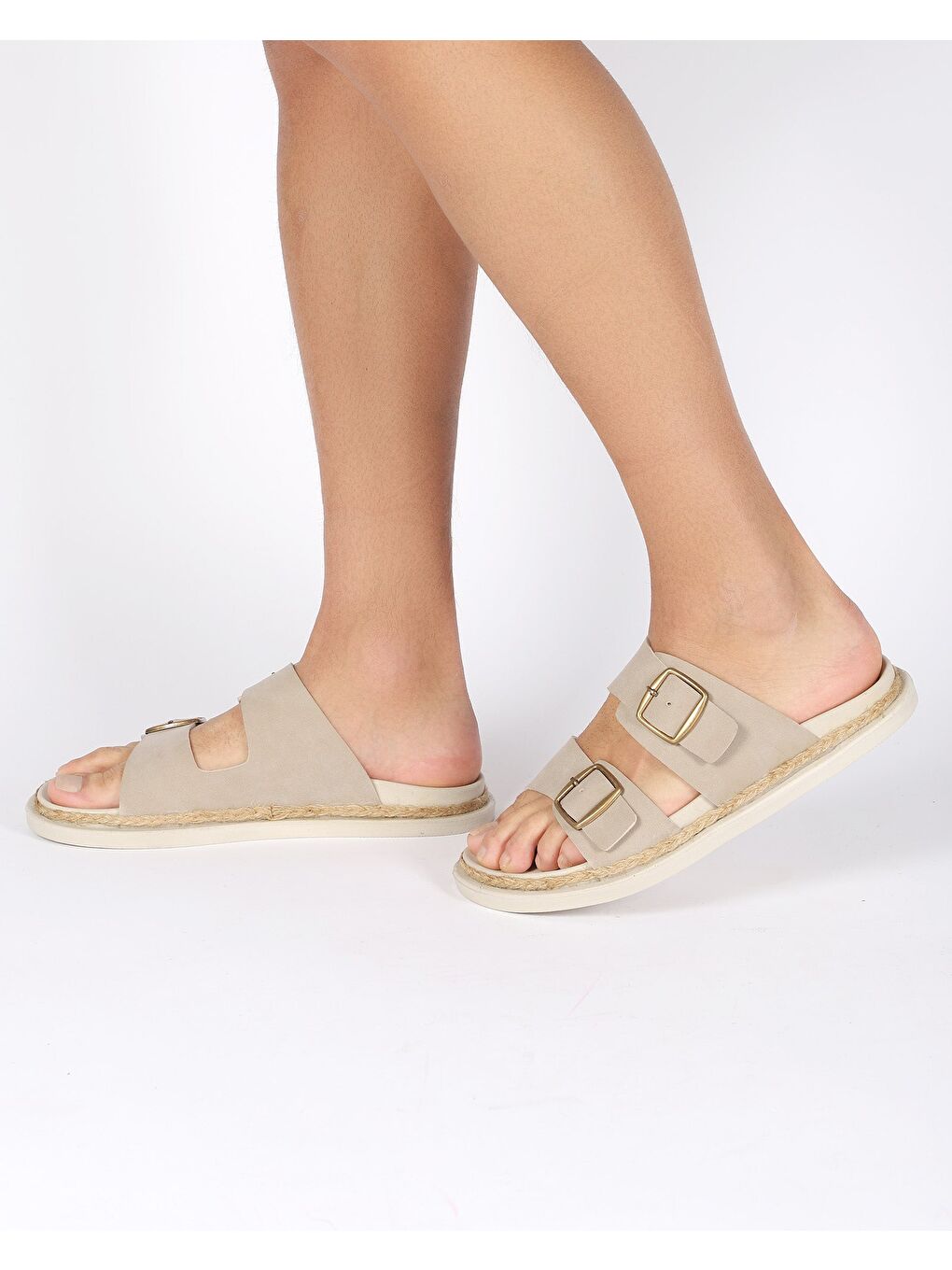 Bej Erkek Yazlık Çift Tokalı Hasır Detaylı Terlik - LUCA-3