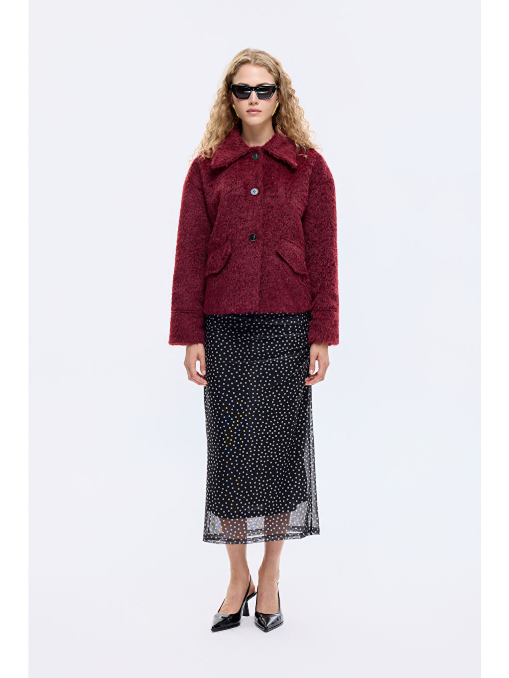 Gömlek Yaka Düğmeli Tüylü Ceket Mürdüm-2