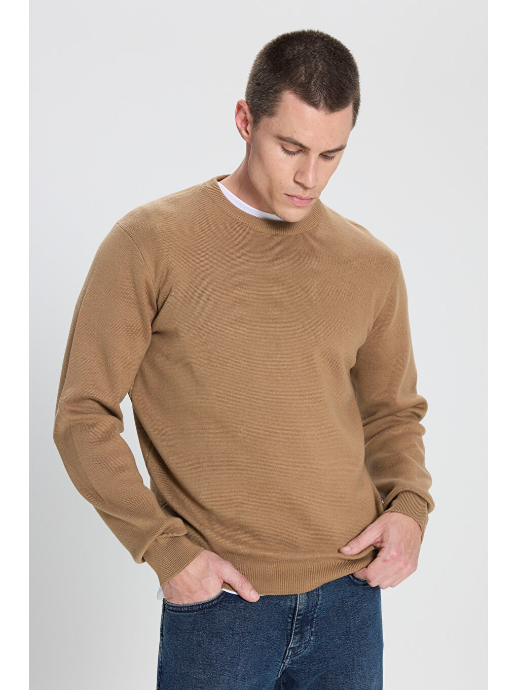 Regular Fit Normal Kesim Bisiklet Yaka Bej Triko Kazak-1