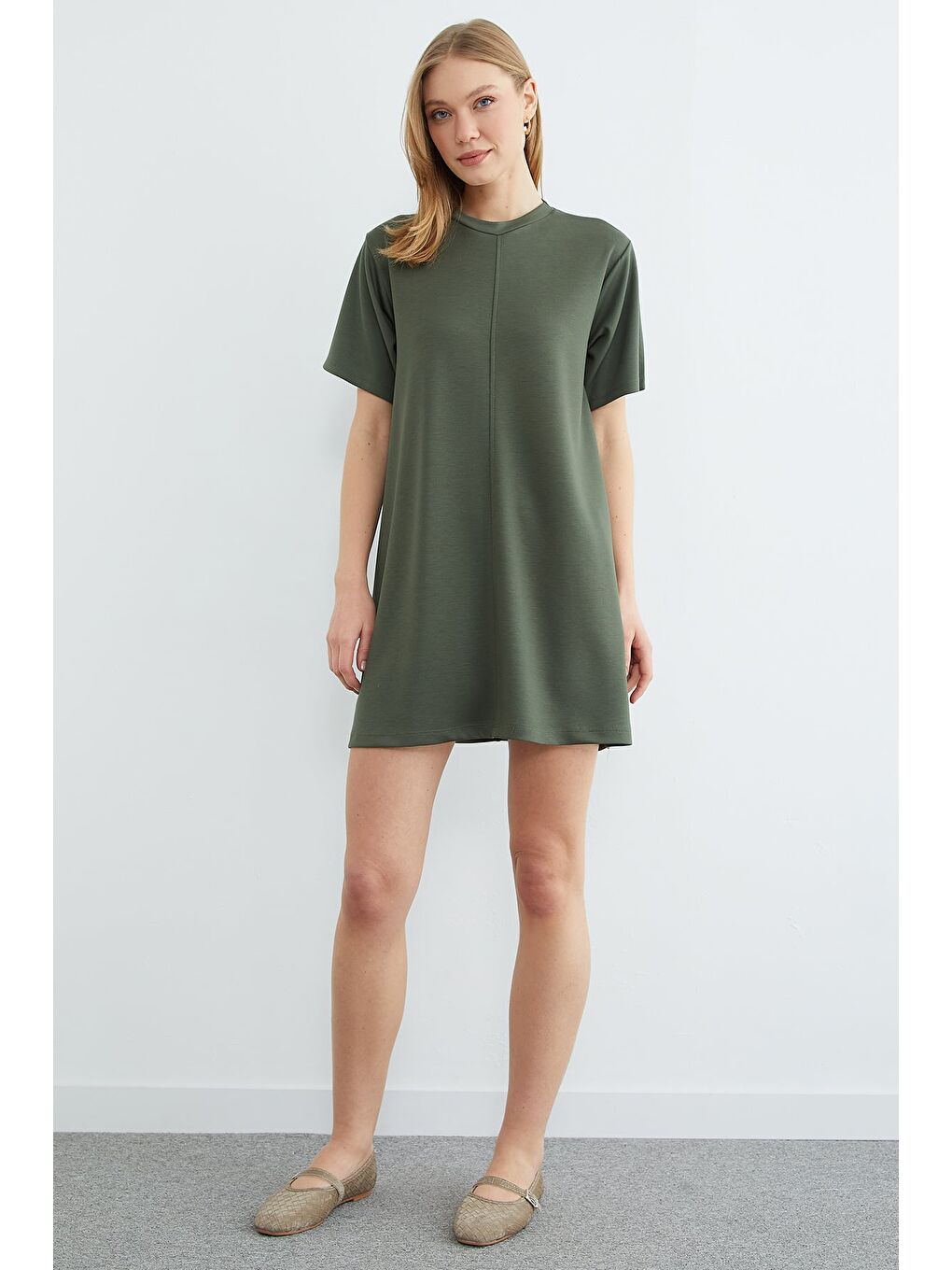 Haki Basic Çimalı Mini Boy Modal Elbise-4