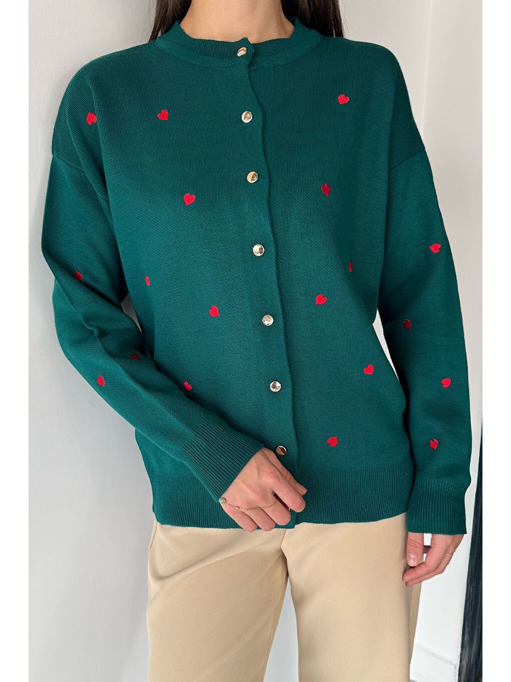 Yeşil Kadın Kalp Nakışlı Triko Hırka (s-m-l Uyumludur)-2