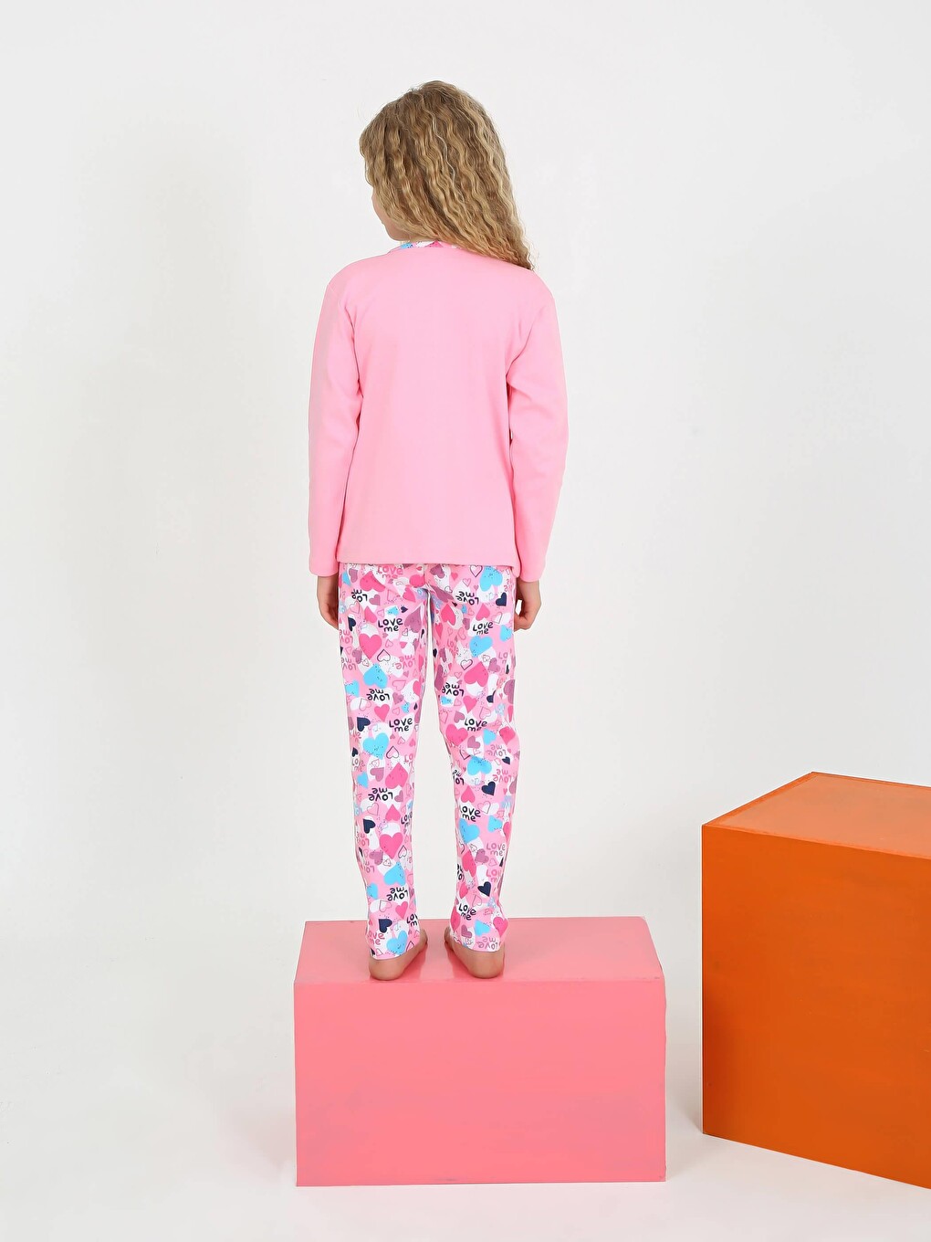 Pembe Kız Çocuk Uzun Kollu %100 Pamuklu Düğme Detaylı Pijama Takımı Love Me-1