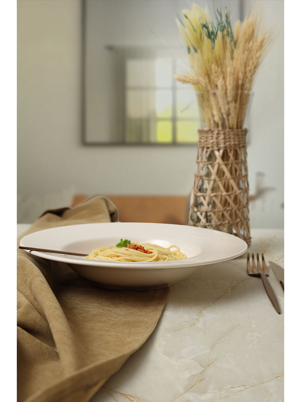 Kahverengi Mat Krem İyonya Makarna Tabağı 28 Cm-1