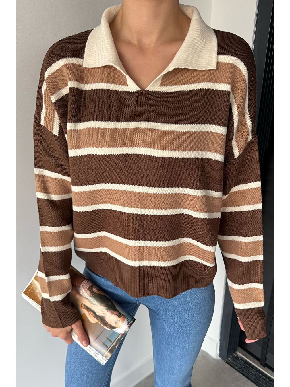 Kahverengi Kadın Çizgili Triko Kazak-2