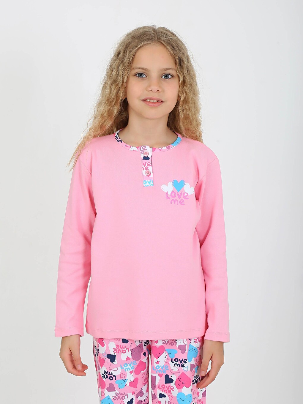 Pembe Kız Çocuk Uzun Kollu %100 Pamuklu Düğme Detaylı Pijama Takımı Love Me-2