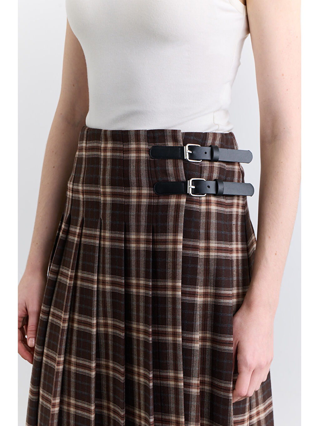 Pileli Kemerli Ekose Etek Kahverengi-1