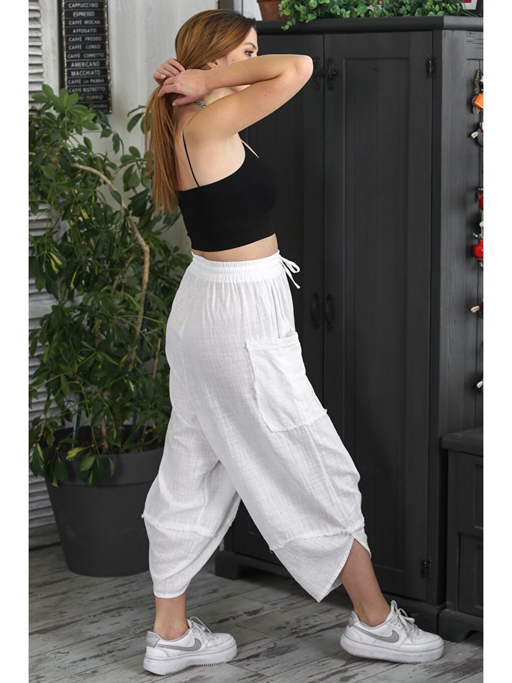 İtalyan Beyaz Çift Cepli Yıkamalı Lastikli Bel Şalvar Paça Casual Dokuma Pantolon-5