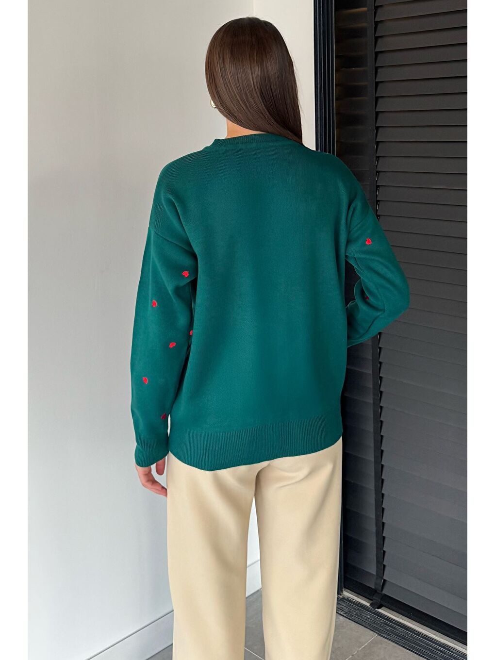 Yeşil Kadın Kalp Nakışlı Triko Hırka (s-m-l Uyumludur)-3