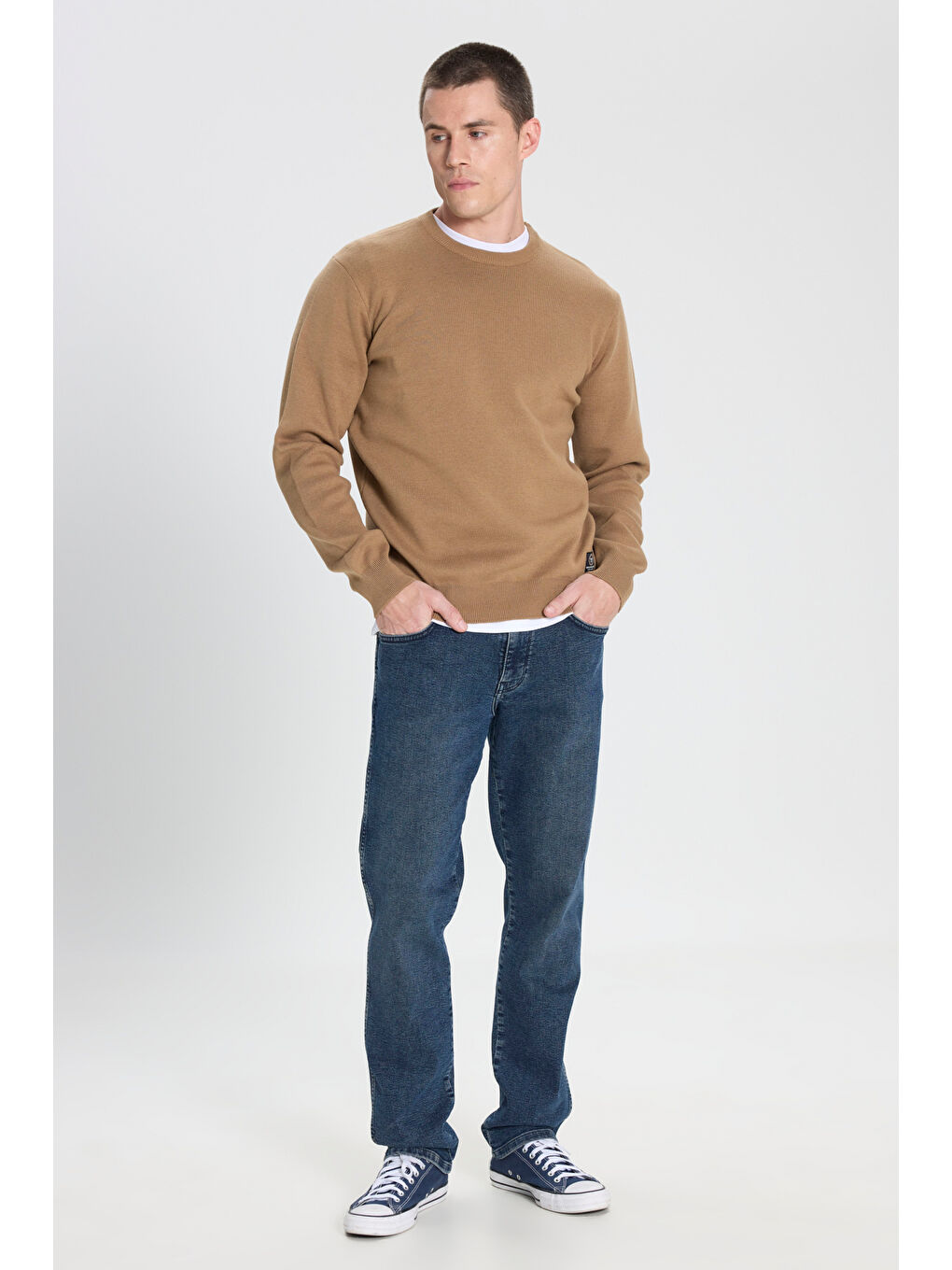 Regular Fit Normal Kesim Bisiklet Yaka Bej Triko Kazak-2