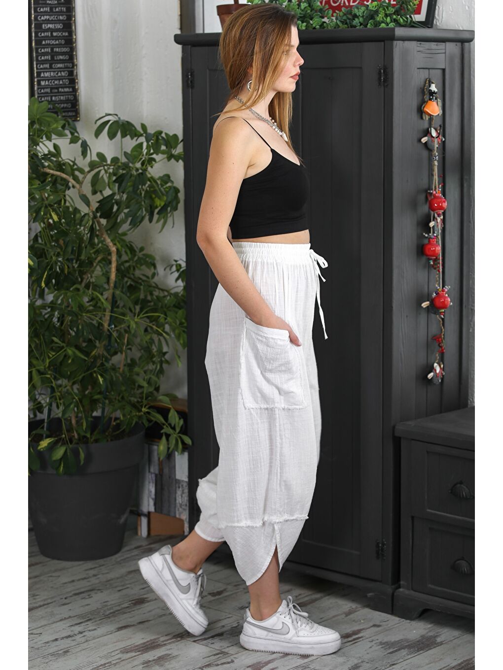 İtalyan Beyaz Çift Cepli Yıkamalı Lastikli Bel Şalvar Paça Casual Dokuma Pantolon-6