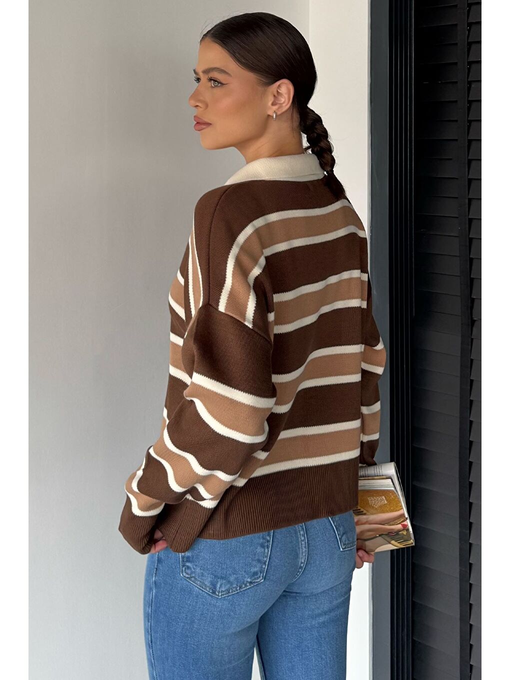 Kahverengi Kadın Çizgili Triko Kazak-3