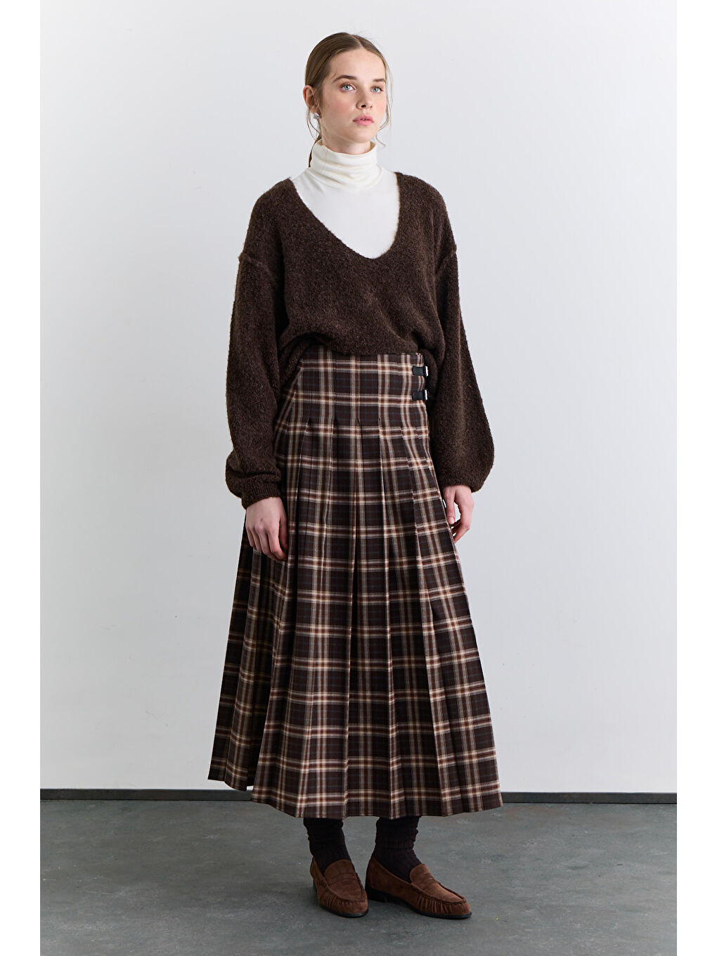 Pileli Kemerli Ekose Etek Kahverengi-4