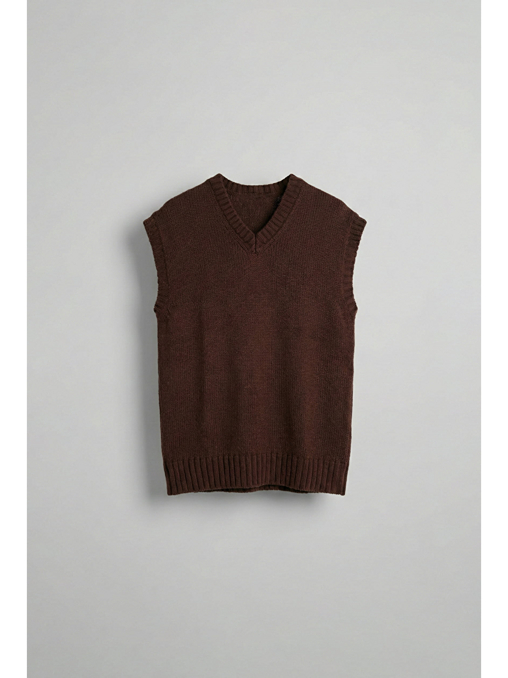 Kahverengi Erkek Oversize V Yaka Triko Süveter Kahve