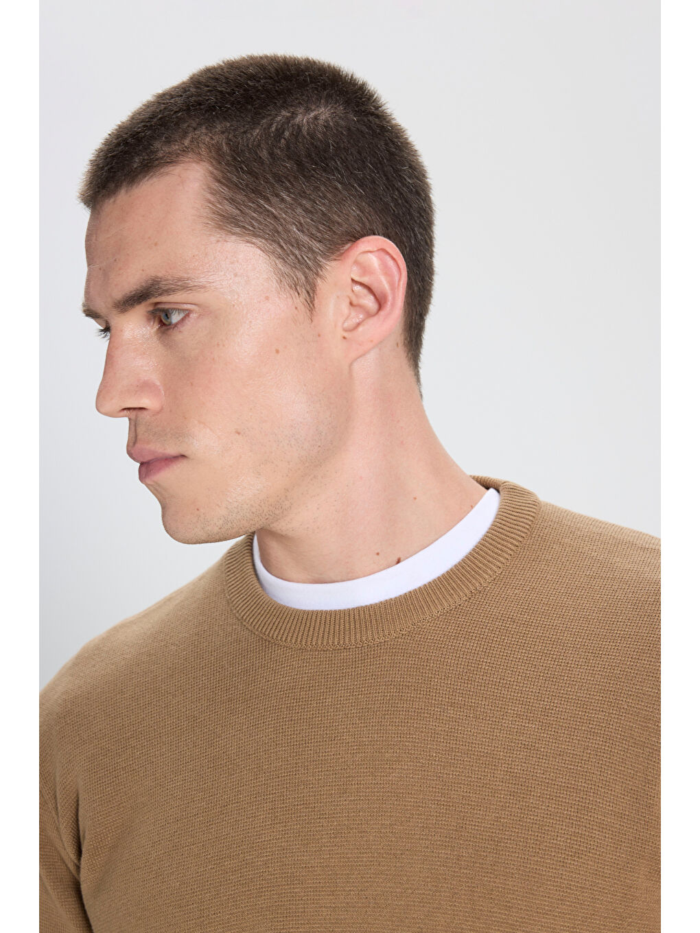 Regular Fit Normal Kesim Bisiklet Yaka Bej Triko Kazak-3