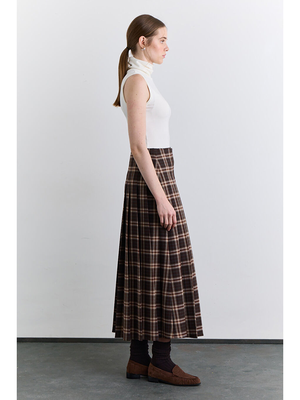 Pileli Kemerli Ekose Etek Kahverengi-6