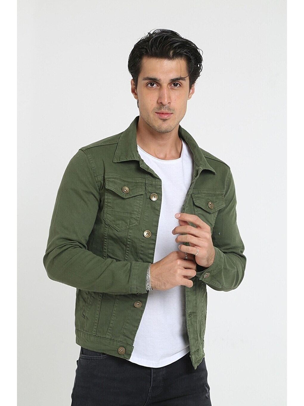 Haki Erkek A Kalite Slim Fit Denim Jean Ceket
