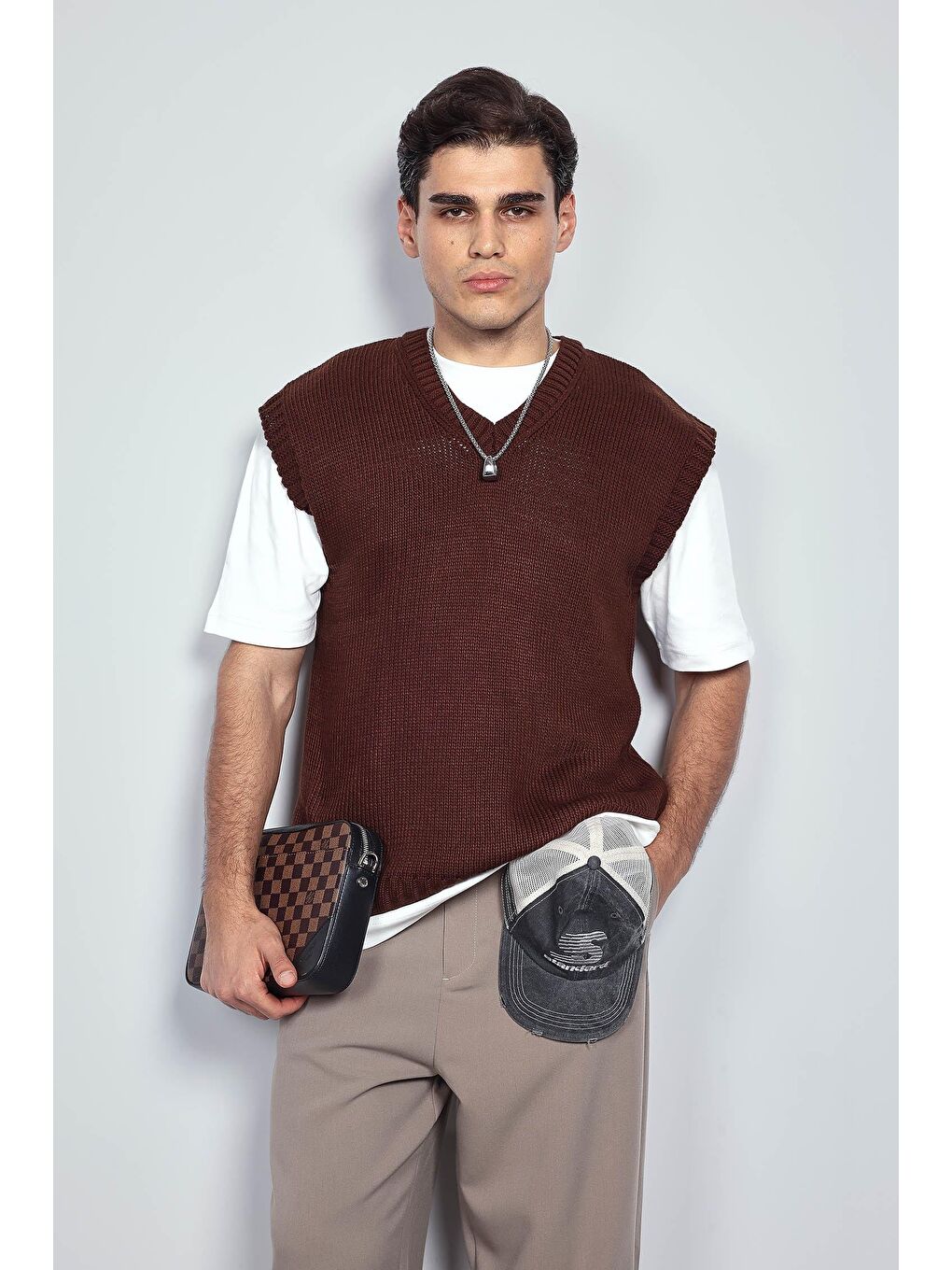 Kahverengi Erkek Oversize V Yaka Triko Süveter Kahve-2