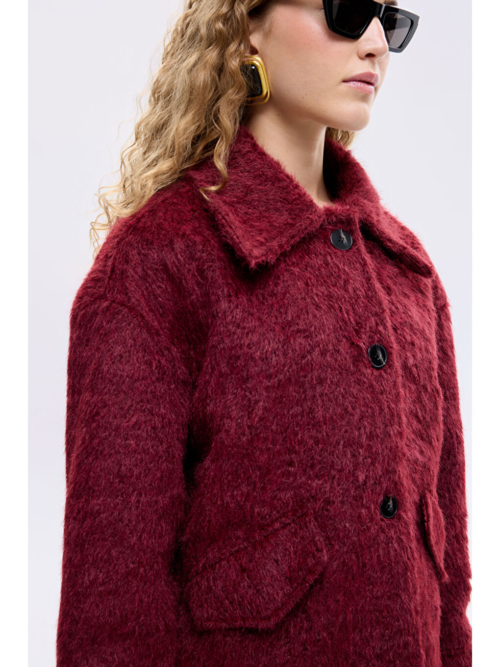 Gömlek Yaka Düğmeli Tüylü Ceket Mürdüm-3