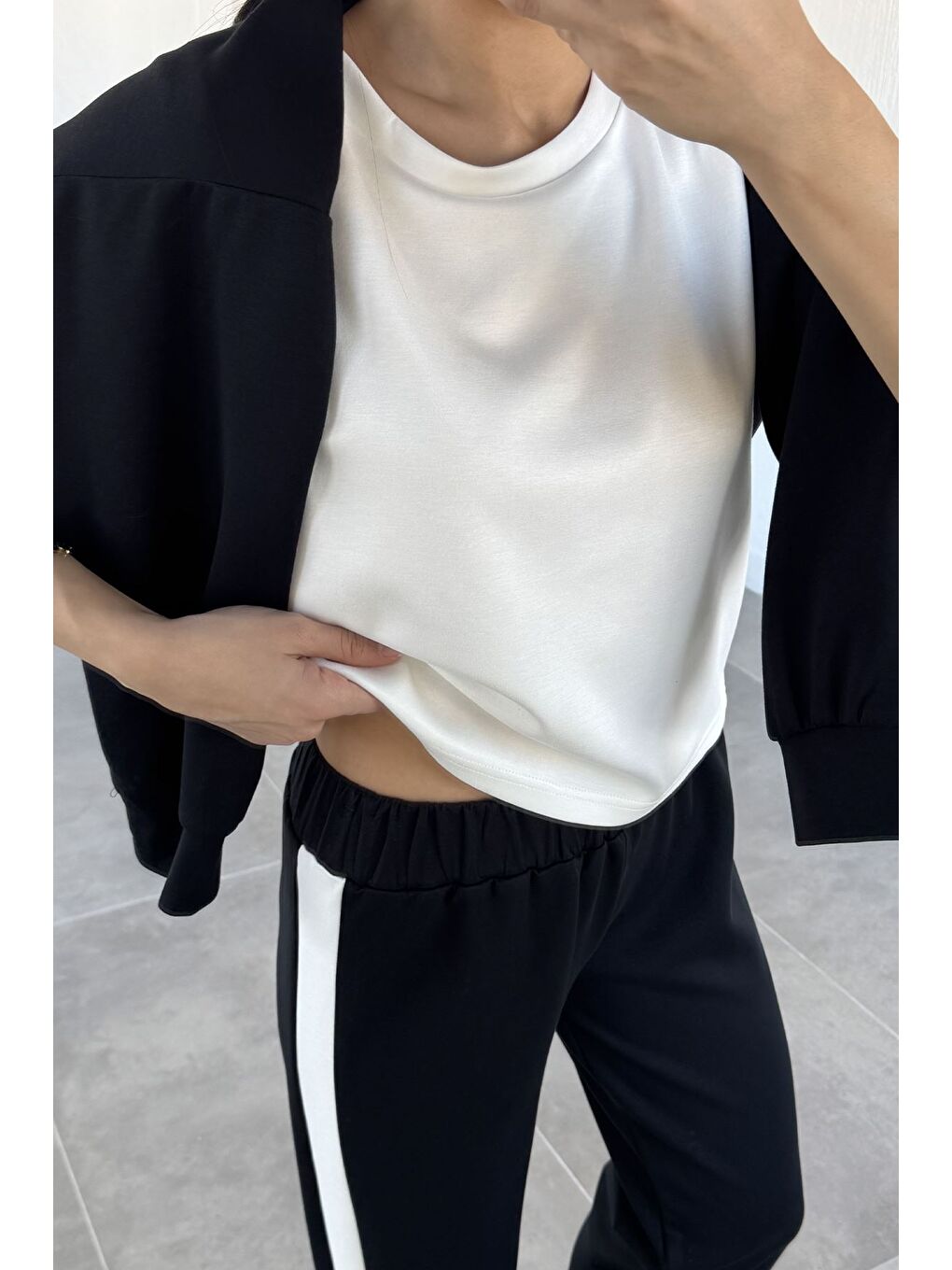 Siyah Kadın Elastanlı Atlet Sweat Üçlü Eşofman Takımı-1