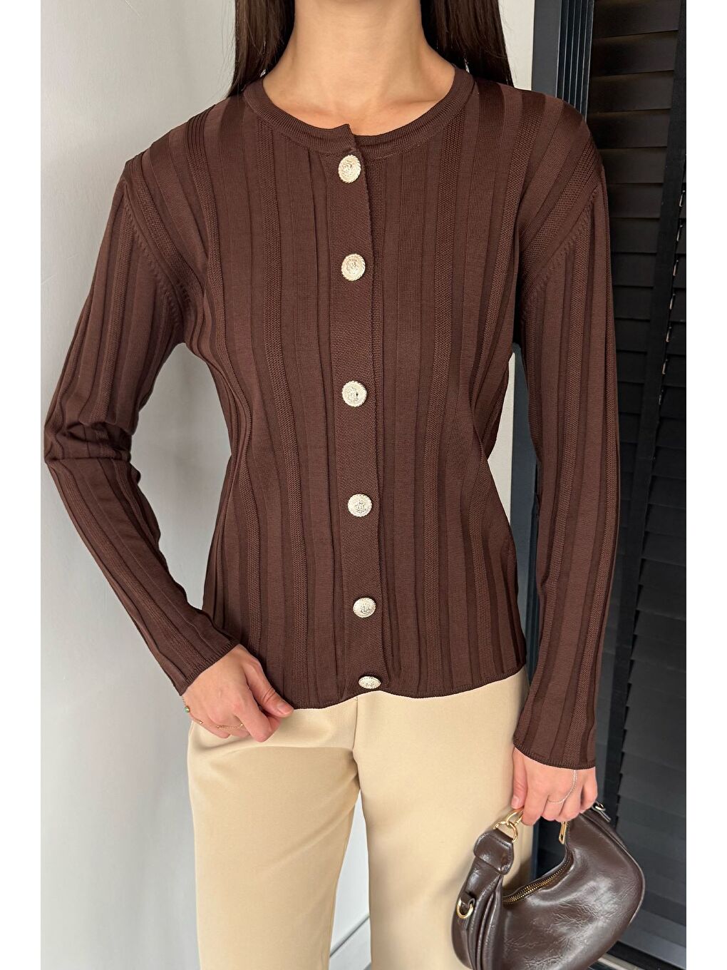 Kahverengi Kadın Düğme Detaylı Triko Hırka (m-l-xl Uyumludur)-1