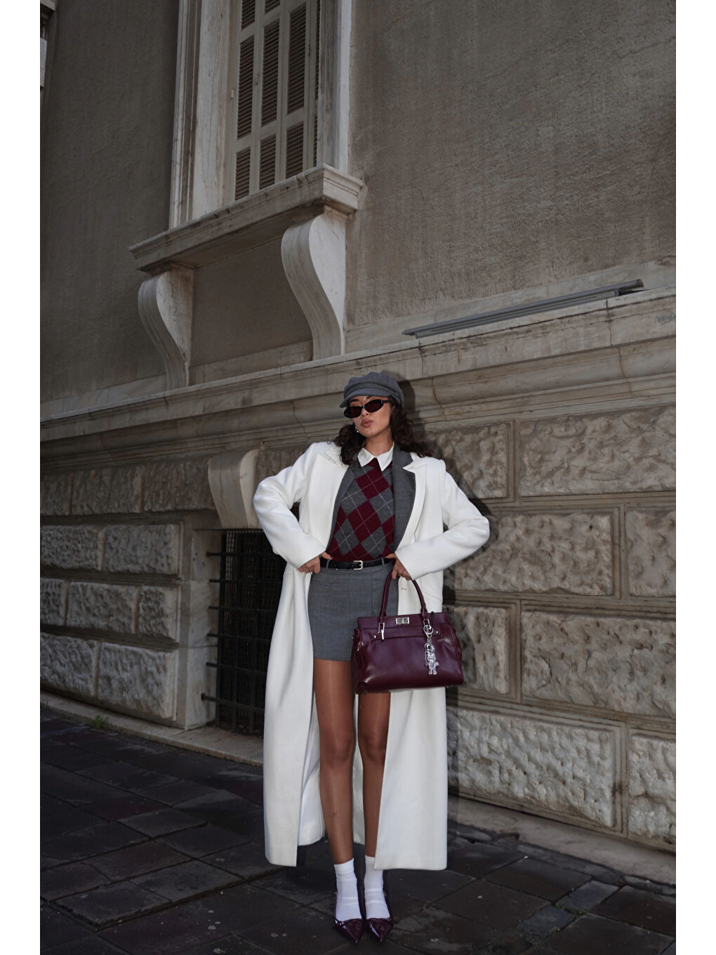 Kadın Bordo Baklava Desen Kazak 1014-5219-2