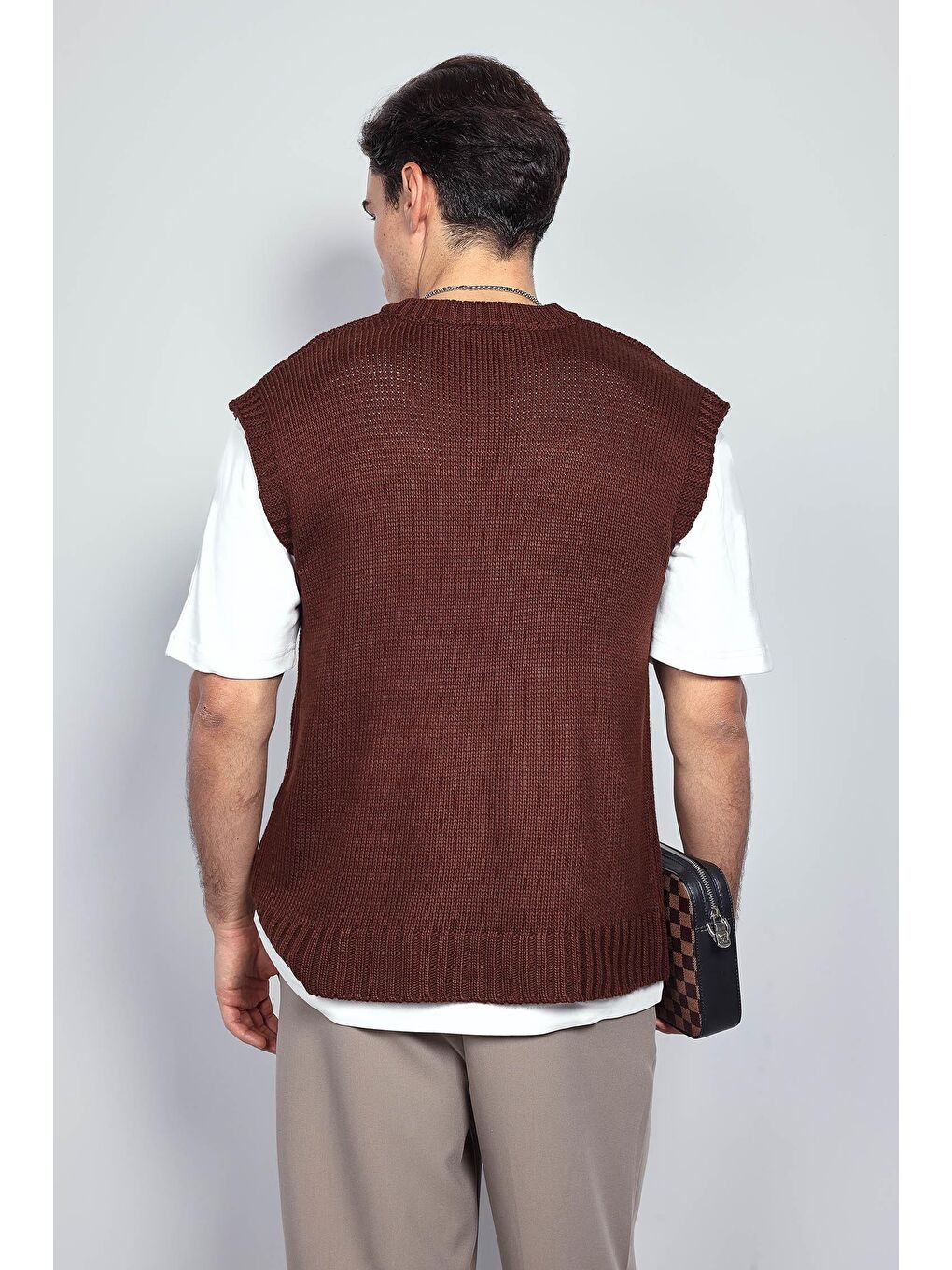 Kahverengi Erkek Oversize V Yaka Triko Süveter Kahve-5