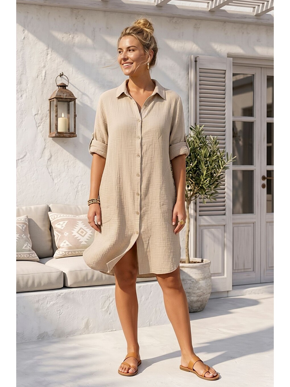 Bej Gömlek Yaka 3/4 Kol Düğmeli Cepli Casual Müslin Oversize Dokuma Elbise 97 65