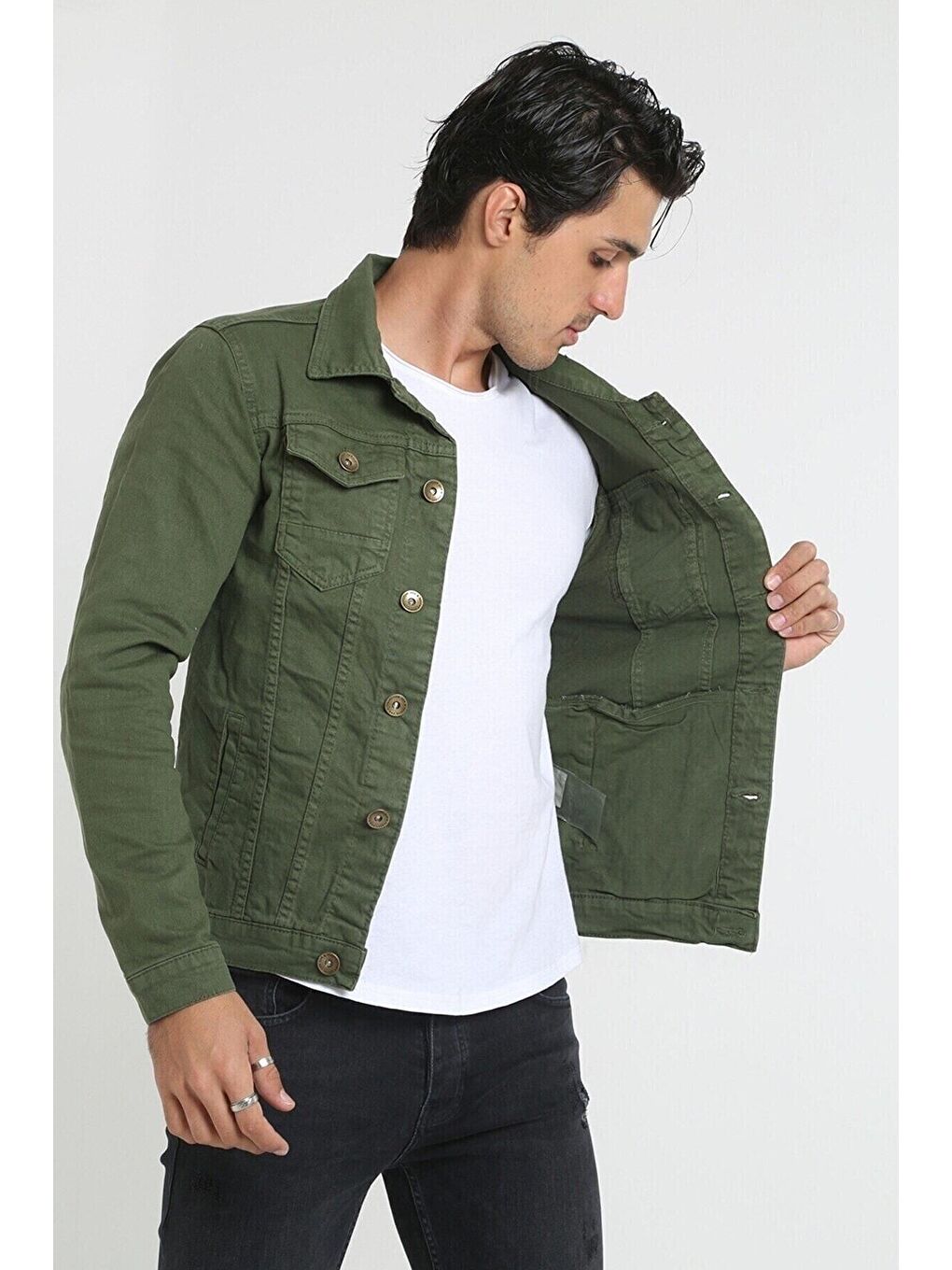 Haki Erkek A Kalite Slim Fit Denim Jean Ceket-1
