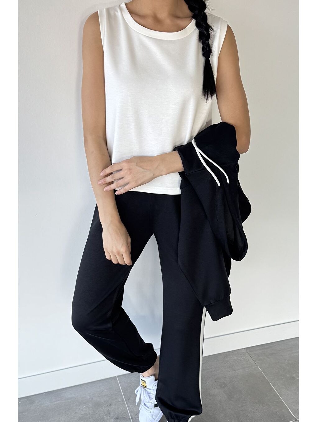 Siyah Kadın Elastanlı Atlet Sweat Üçlü Eşofman Takımı-2