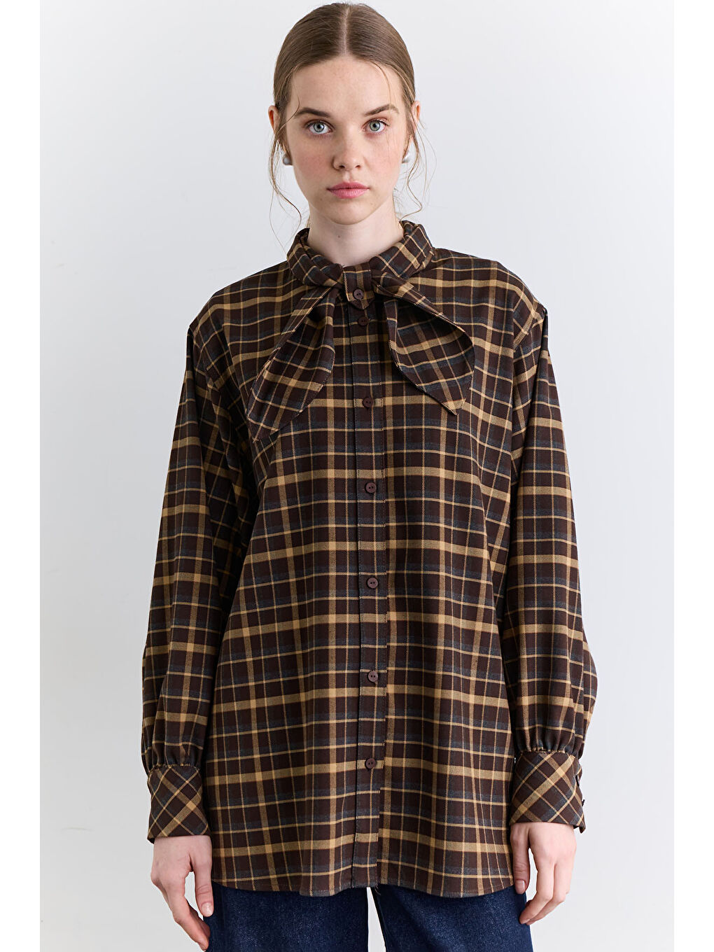 Ekose Bağlamalı Gömlek Kahverengi-1