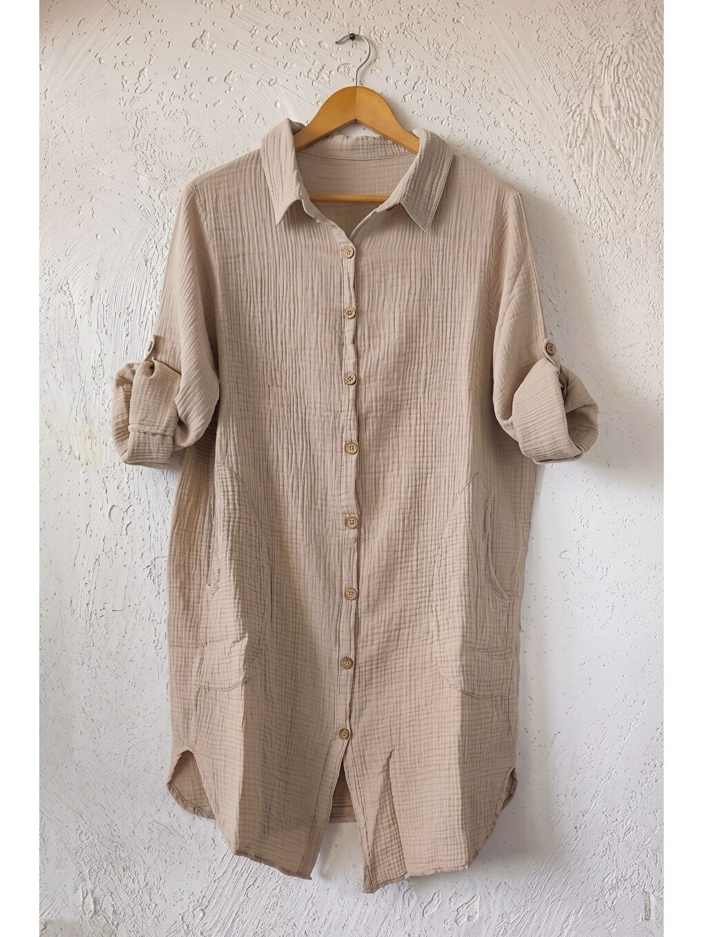 Bej Gömlek Yaka 3/4 Kol Düğmeli Cepli Casual Müslin Oversize Dokuma Elbise 97 65-1