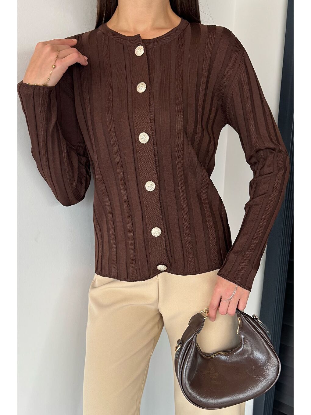 Kahverengi Kadın Düğme Detaylı Triko Hırka (m-l-xl Uyumludur)-2