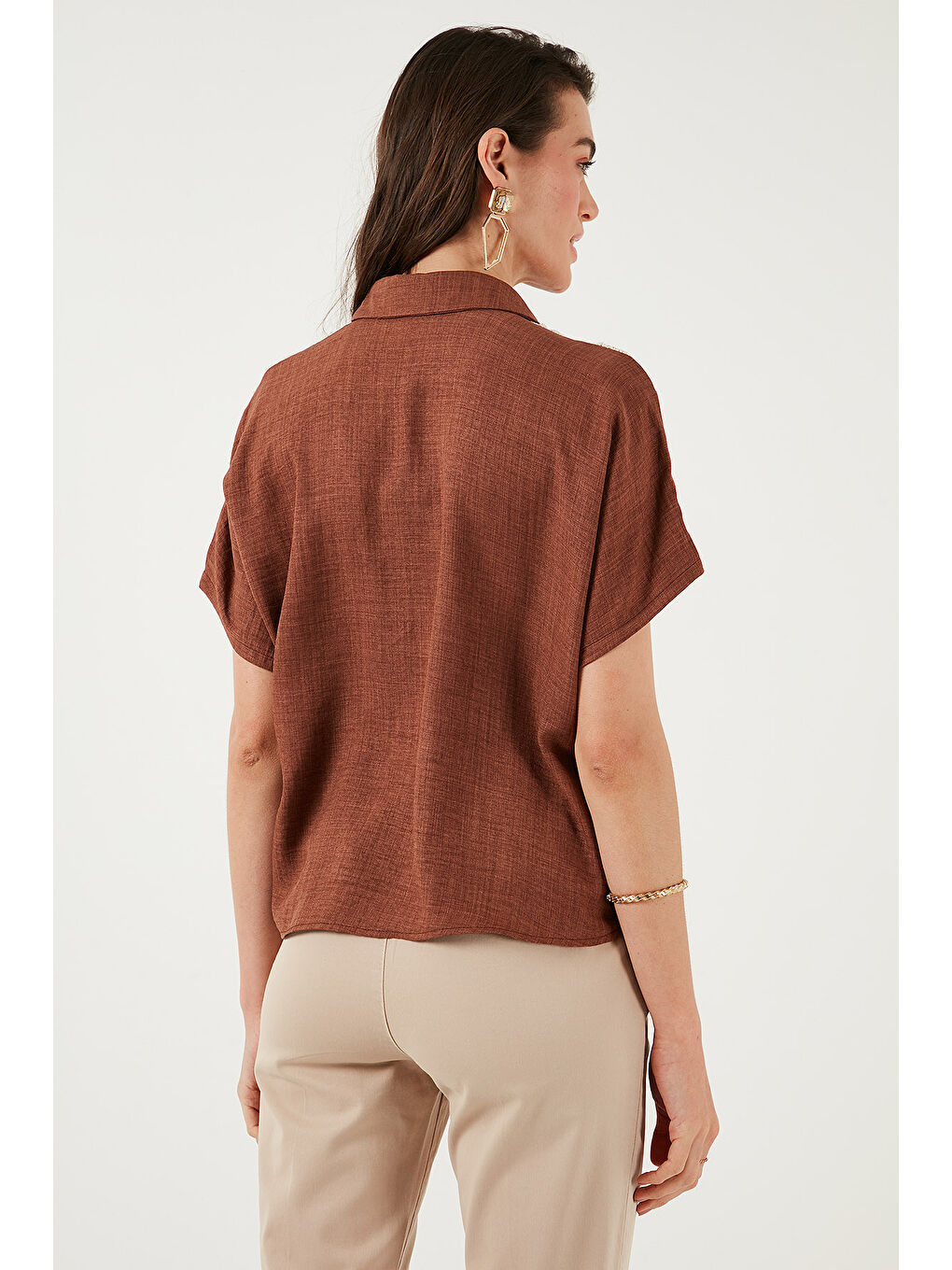 Kahverengi Dantelli Relaxed Fit Kısa Kollu Kadın Gömlek 5865764-6