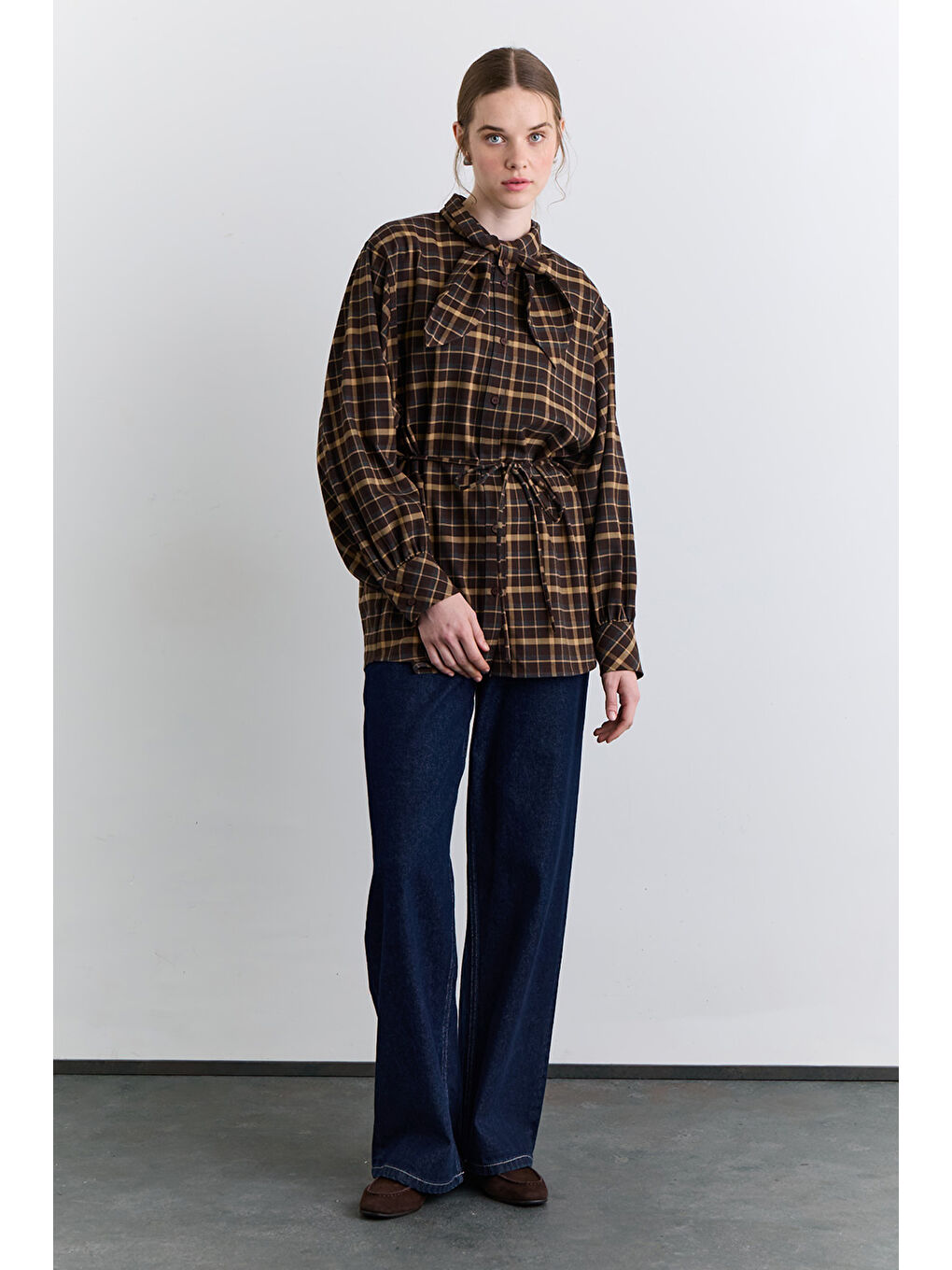 Ekose Bağlamalı Gömlek Kahverengi-2