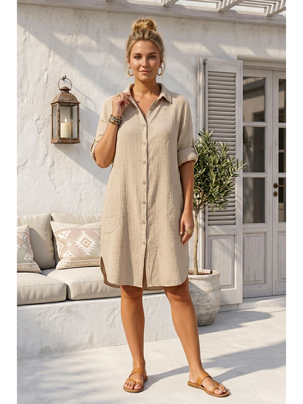 Bej Gömlek Yaka 3/4 Kol Düğmeli Cepli Casual Müslin Oversize Dokuma Elbise 97 65-3