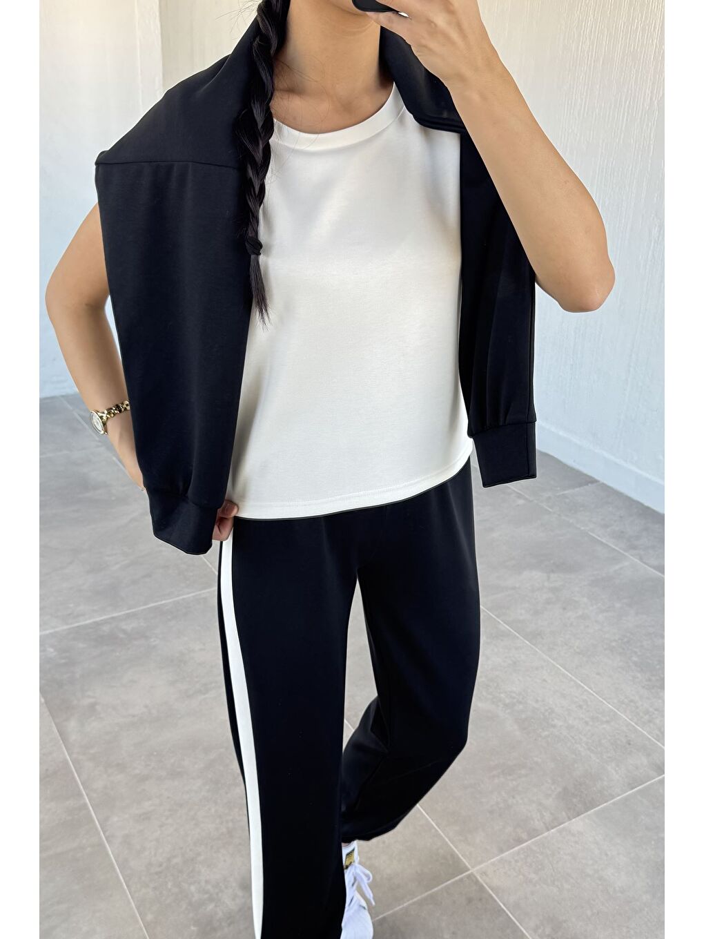 Siyah Kadın Elastanlı Atlet Sweat Üçlü Eşofman Takımı-3