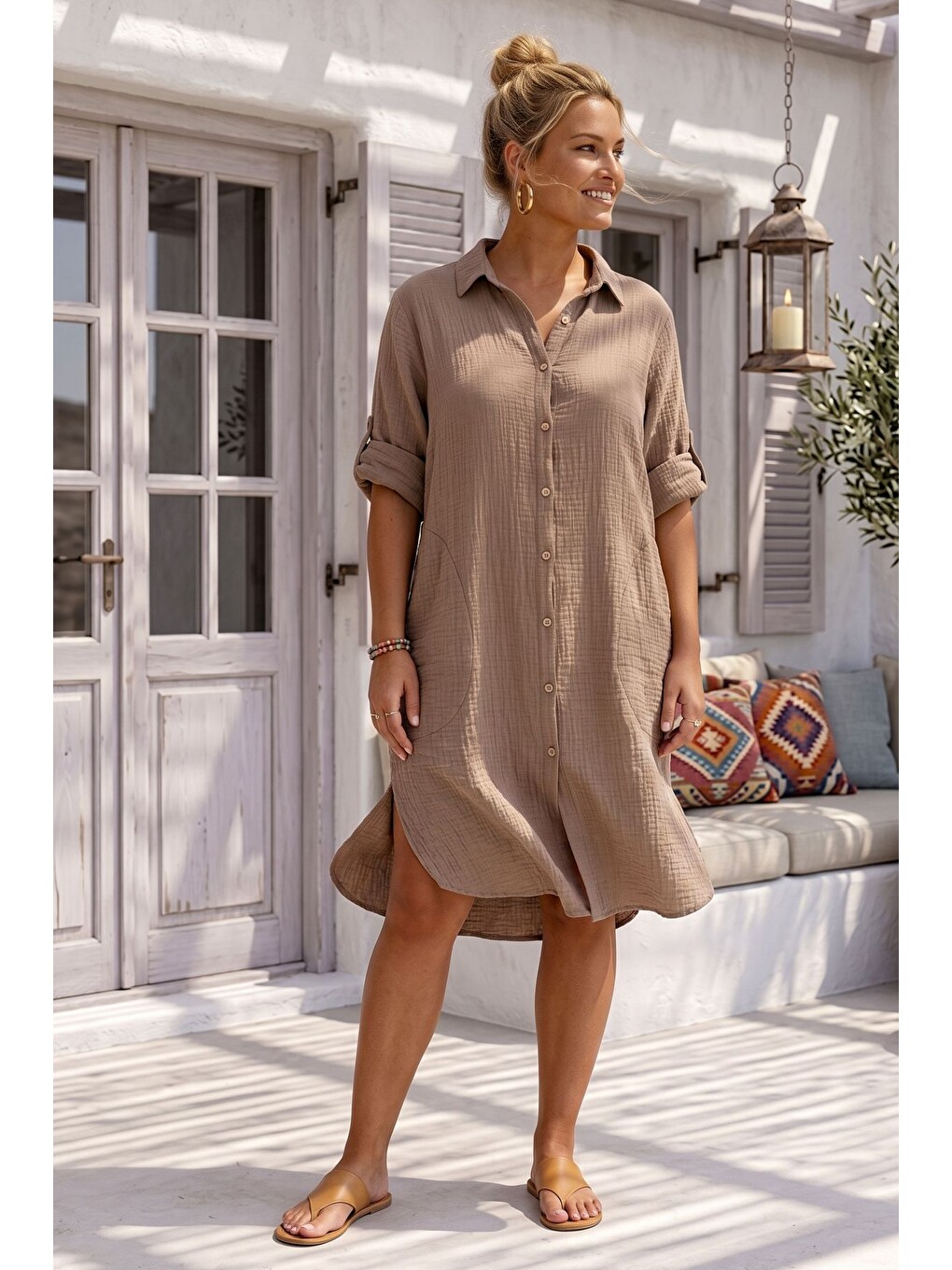 Kahverengi Camel Gömlek Yaka 3/4 Kol Düğmeli Cepli Casual Müslin Oversize Dokuma Elbise 97 65