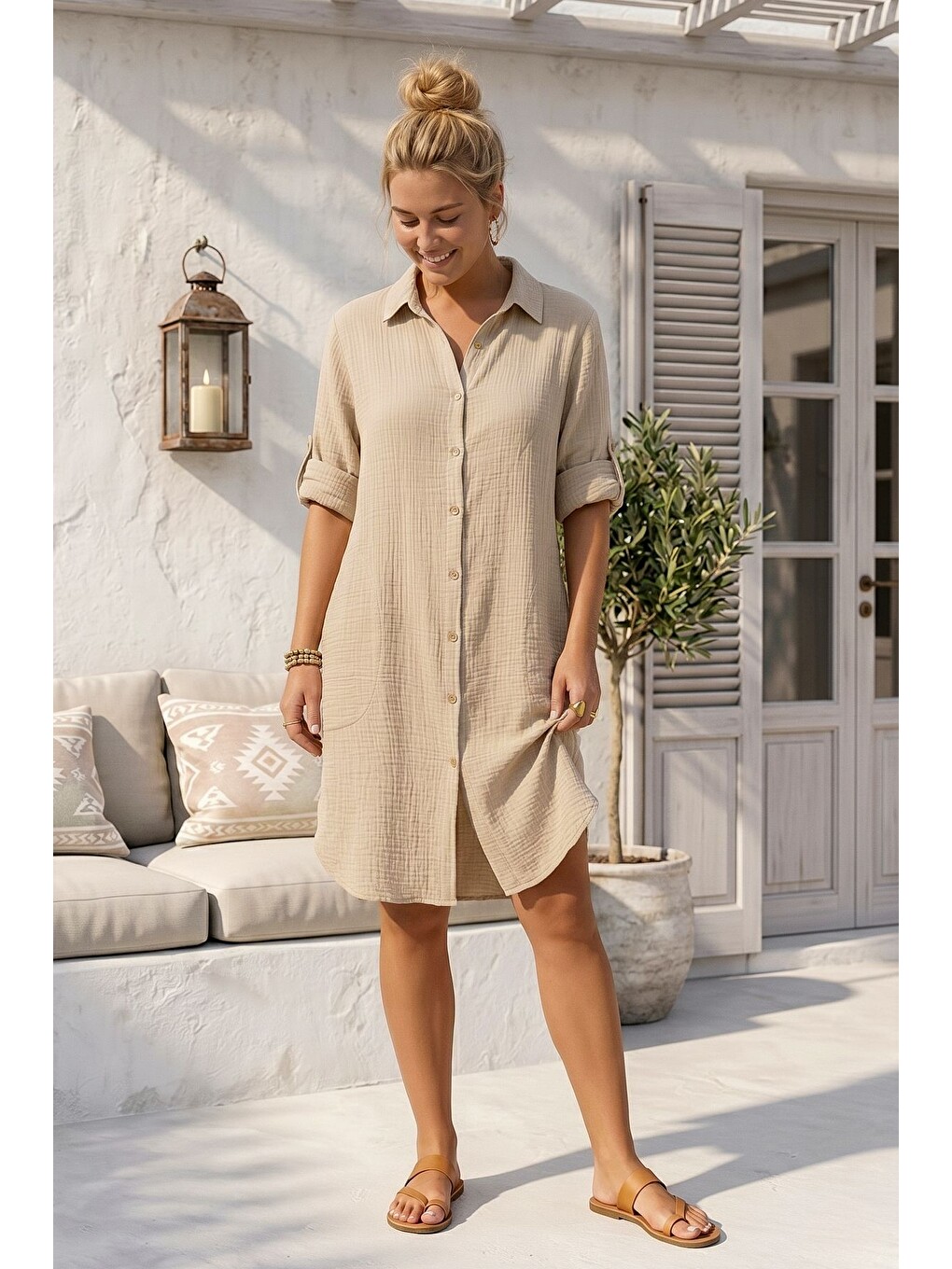 Bej Gömlek Yaka 3/4 Kol Düğmeli Cepli Casual Müslin Oversize Dokuma Elbise 97 65-4